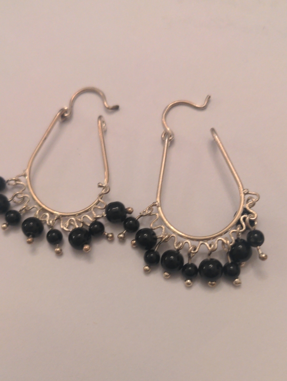 New Sterling Silver Hoop Earrings, Black Onyx  Bead Fringe, Drop, Dangle  1 1/4" - Picture 2 of 6